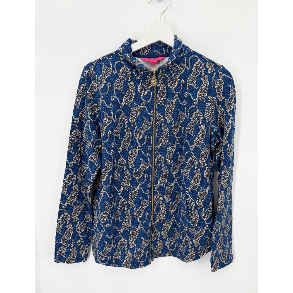Lilly Pulitzer Jacket Womens S Blue Leopard Cheetah Print Full Zip Mock Neck